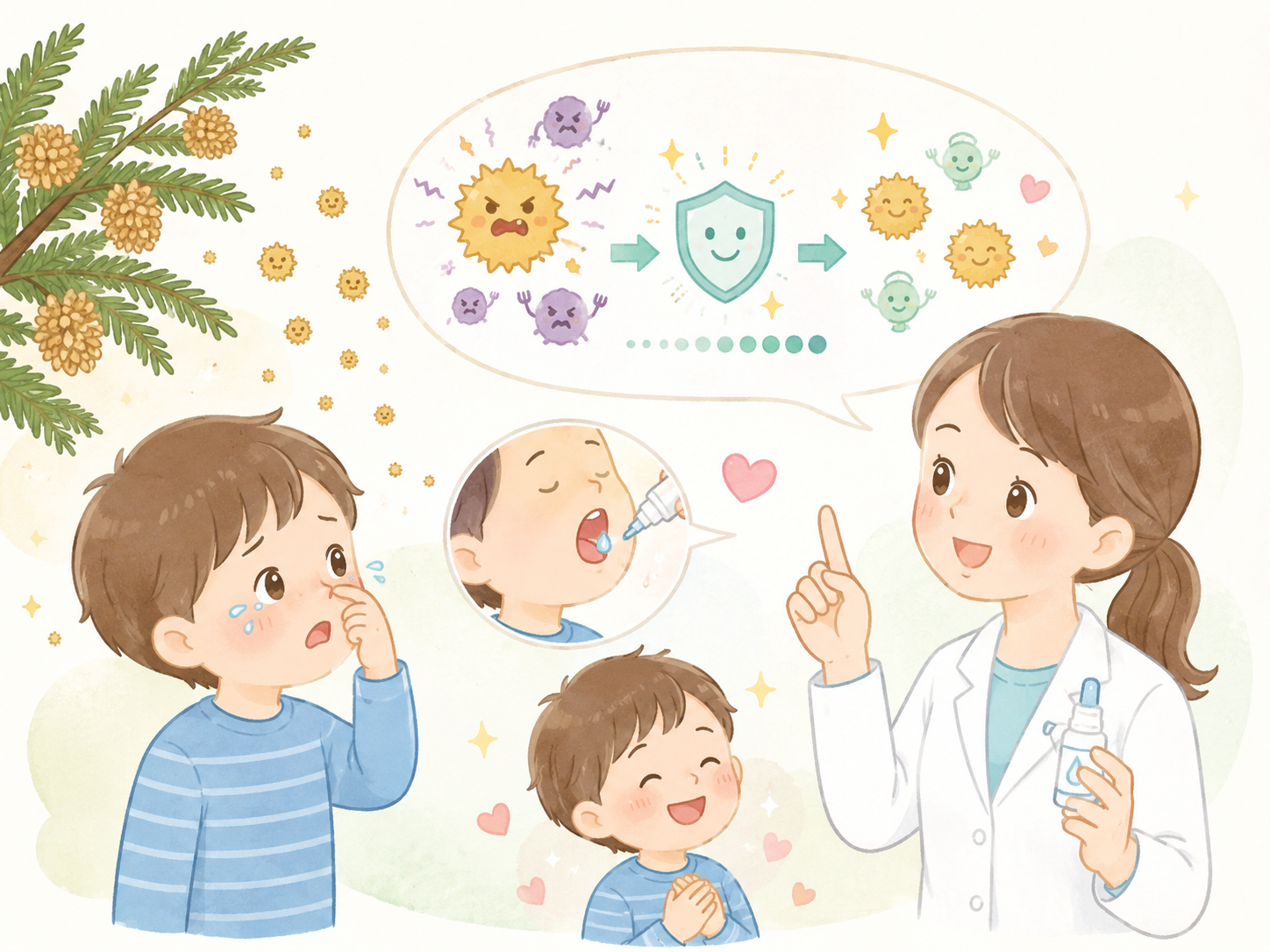 スギ花粉に少しずつ体が慣れていくイメージのかわいいイラスト
