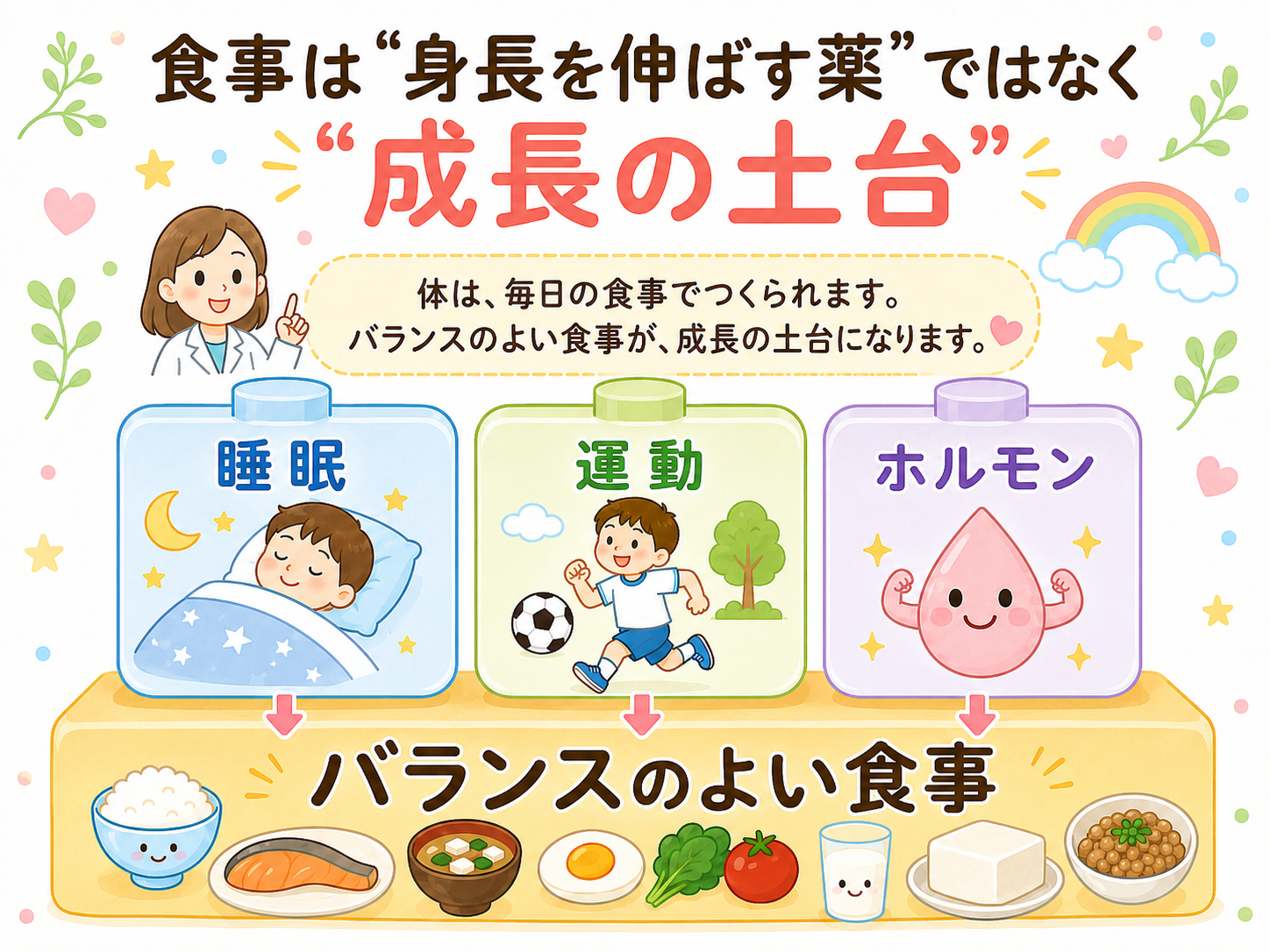 食事は身長を伸ばす薬ではなく、子どもの成長を支える土台であることを説明したイラスト