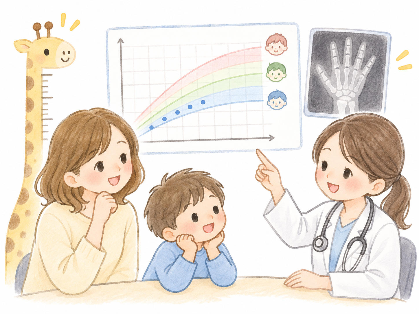 小児科で成長曲線や骨年齢について説明を受ける親子のイラスト
