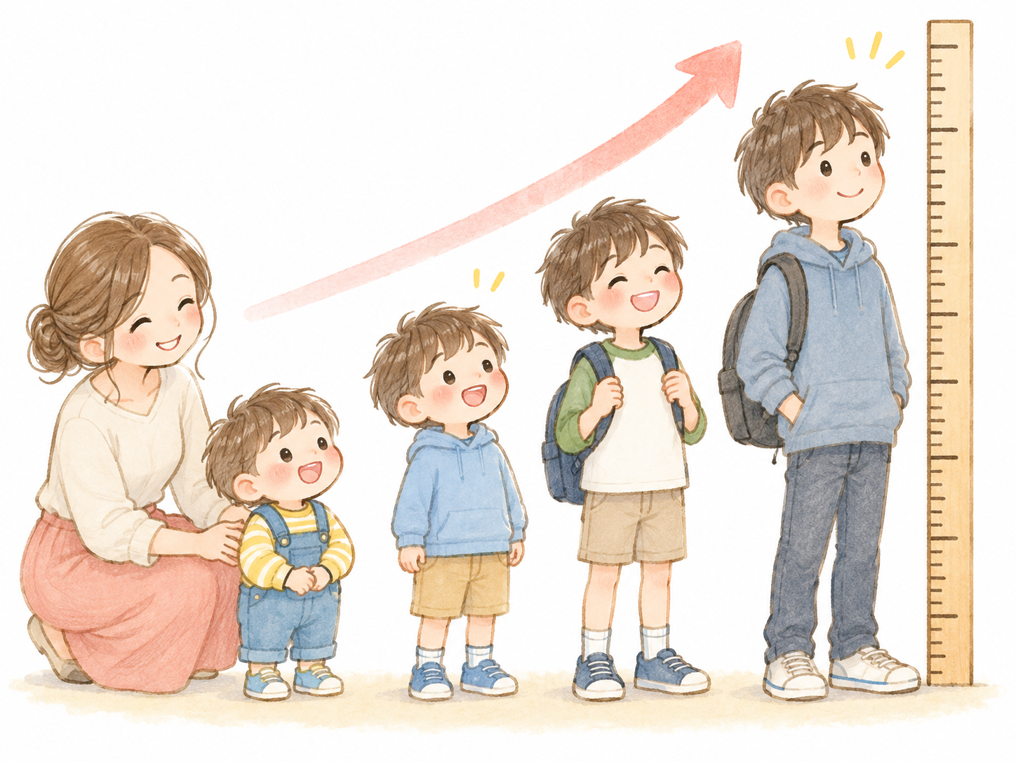 成長にあわせて身長が伸びていく子どものイラスト